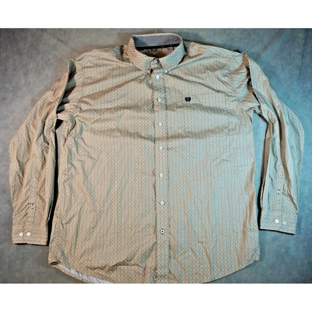 Cinch Men Shirt Button Down L Tan Geometric Print Long‎ Sleeve Western Cowboy